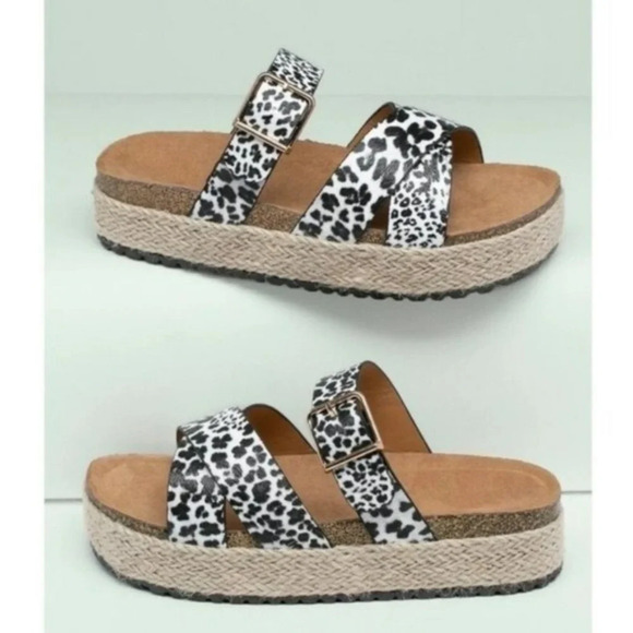 Leopard Strappy Cork Espadrille Sandals Slip On Animal Print Slides Summer Shoes - Picture 1 of 6
